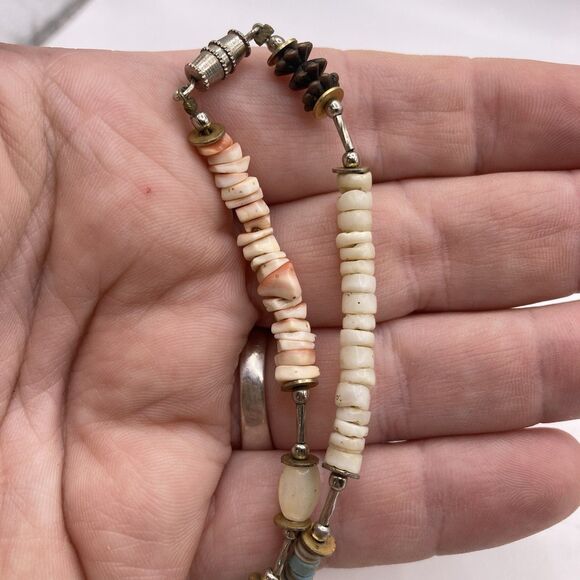 Vintage Carved, Scarab & Art Glass Beaded Silver Toned Necklace Fetish Stone - Picture 5 of 7